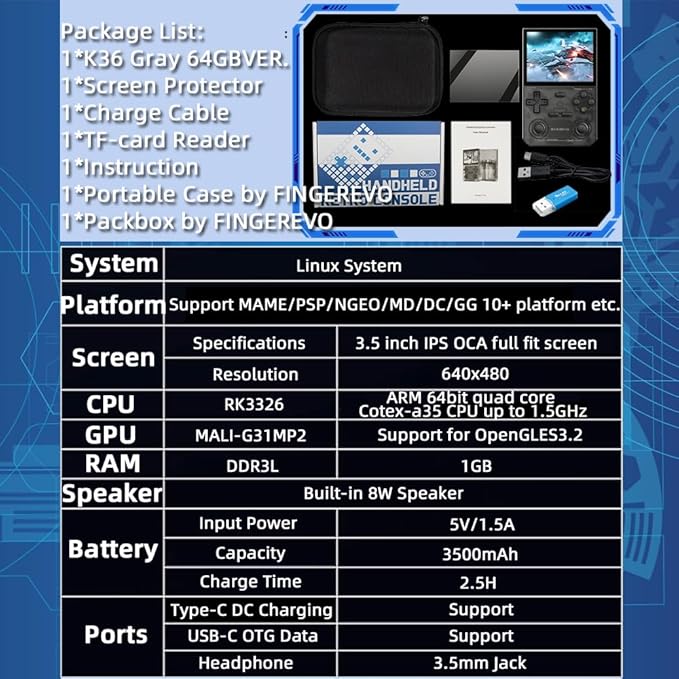 K36 3.5-in Handheld Game Console 640*480 IPS Screen 3500mAh Linux-opensource System with Portable Case Black Transparent