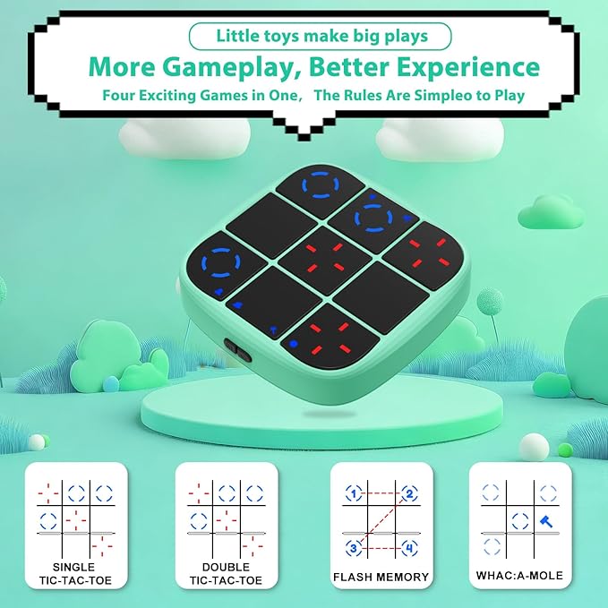 Rechargeable Tic-Tac-Toe Bolt Game, Upgraded 4-in-1 Handheld Puzzle Console, Electronic Educational Memory Game, Portable Travel Car Ride Board Games for Kids Adults (Cyan)