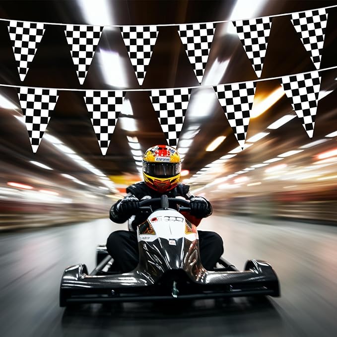 HOOSUN Checkered Flag Banner Race Cars Birthday Decorations,98 Ft 48 Pcs Checkered Flag Party Supplies,Racing Flags Decorations,Black and White Race Car Flag Pennant Banner for Nascar Cars Theme Party