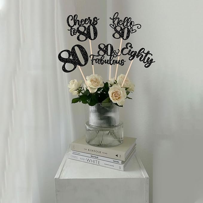 15PCS Happy 80th Birthday Centerpiece Sticks Hello 80 Cheers to 80 Birthday Table Flower Centerpieces Sticks Eighteen 80 Fabulous Floral Decorations for 80th Birthday Party Centerpieces Supplies Black