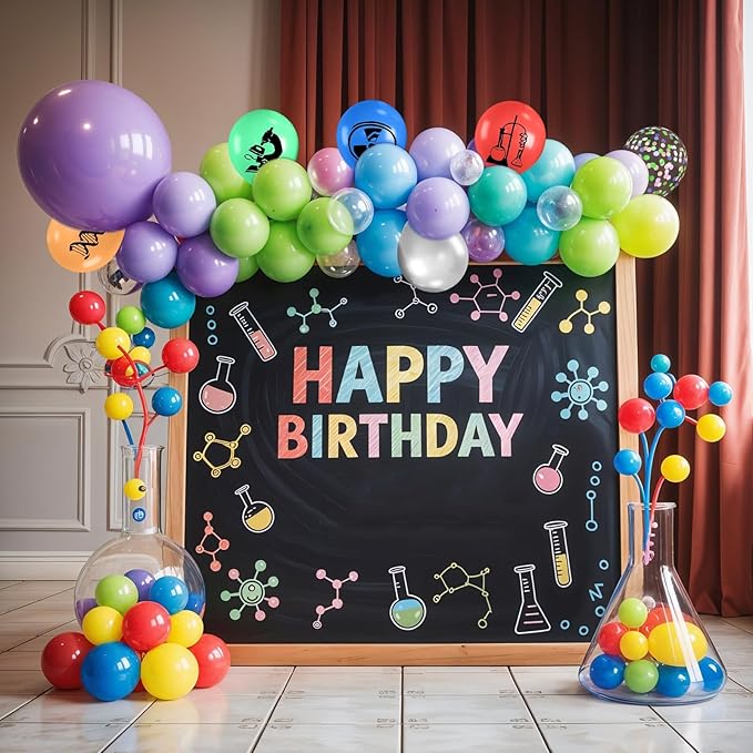Science Party Balloons, 12 Inch Dark Light Blue Red Green Orange Metallic Silver Colorful Confetti Party Balloons for Boy Girl Science Birthday Party Decorations Baby Shower Lab Classroom Backdrop