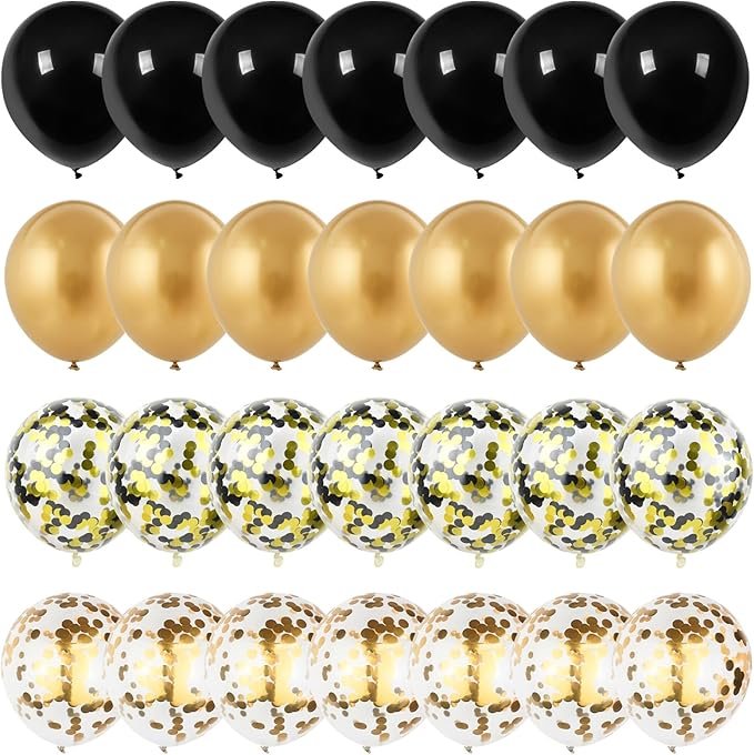 Black and Gold Confetti Balloons, 12 Inch Black Metallic Gold Latex Black Golden Helium Balloons for Wedding Birthday Anniversary New Year Party Celebration Decorations Is-02