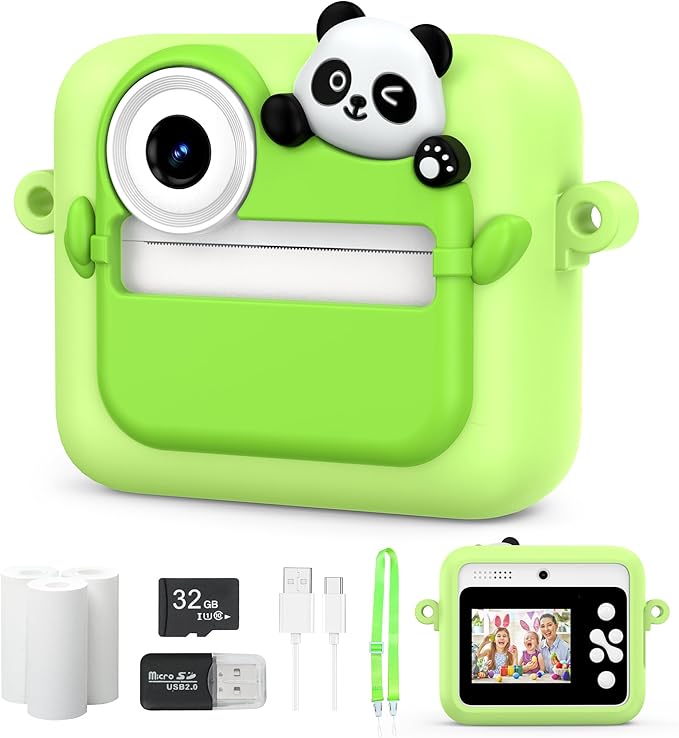 Kids Camera Instant Photo Printing,HD Digital Video Dual Cameras with Panda Silicone Case,Kids Digital Camera That Print Photos Easter Birthday Gift for Boys and Girls with 32GB SD&3 Rolls Print Paper
