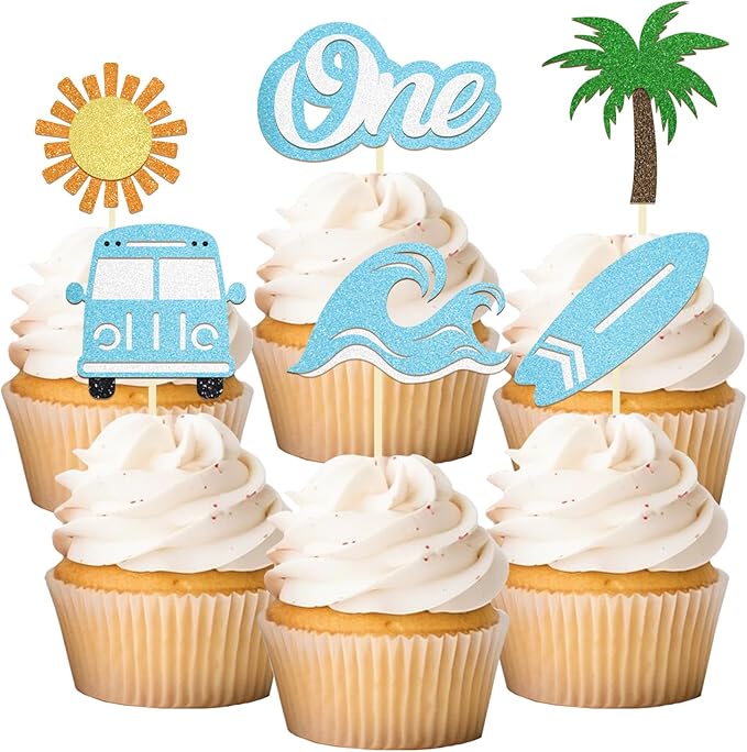 24 Pack The Big One Surfing Theme First Birthday Cupcake Toppers Summer 1st Birthday Party Decorations Picks for Summer Beach Party Supplies (1st Birthday)
