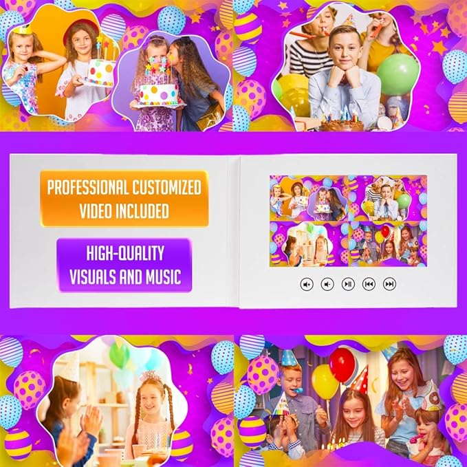 Kids Custom Birthday Video Greeting Card – Personalized Slideshow Gift with Uploaded Photos – 7” Digital Screen, 512MB, Rechargeable Battery, Premium Keepsake