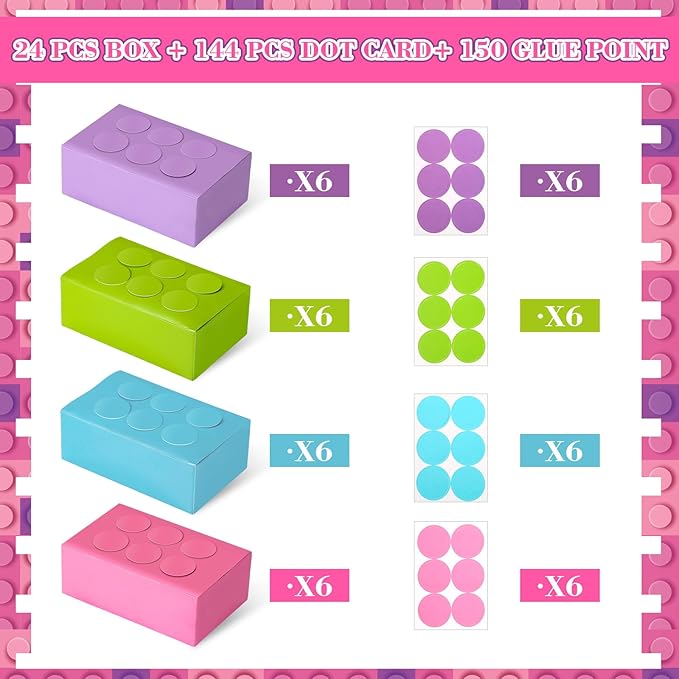 Leinuosen 24 Pieces Building Block Party Favor Boxes 4 Color DIY Brick Theme Gift Goodie Treat Candy Cardboard Paper Box for Building Block Birthday Party Baby Shower Decoration Supplies(Light)