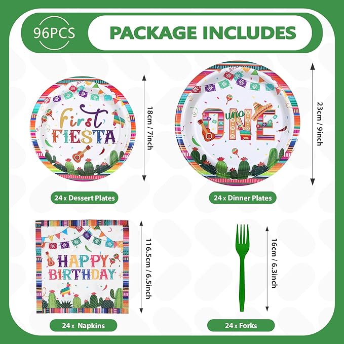 96Pcs First Fiesta Birthday Decorations Mexican Fiesta 1st Birthday Plates and Napkins Tableware Sets Mexico Cinco De Mayo Decorations for Boys Girls Cactus Taco Bout One Year Old Party Serves 24