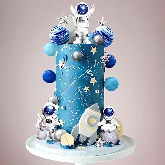 LaVenty Space Cake Toppers Outer Space Astronaut Rocket Stars Cake Decorations for Birthday Party Supplies Baby Shower