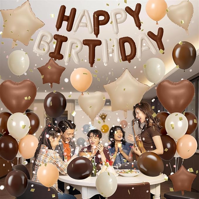 Cream Brown Birthday Decorations Boho Neutral Nude Brown Coffee Beige Apricot Sand White Balloons Happy Birthday Banner Heart Balloons 18/10 Inch Star Balloon for Women Bday Party Supplies