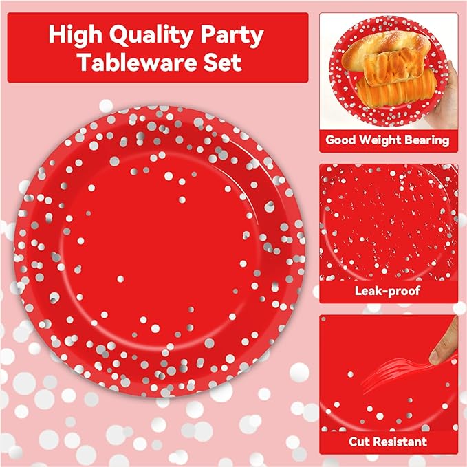 gisgfim 96Pcs Red and Silver Party Paper Plates and Napkins Party Supplies Silver Dot on Red Birthday Tableware Glitter Decoration Favors for Birthday Baby Shower Serves 24