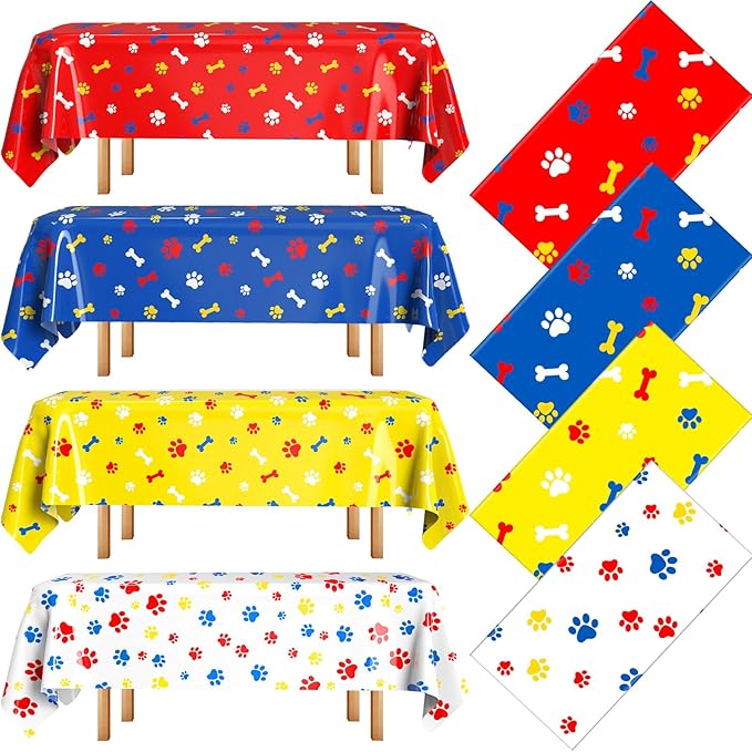 4 Pack Puppy Dog Pet Paw Print Plastic Tablecloth 54 x 108 Inches Dark Blue Yellow Red Table Cover Paw Print Disposable Rectangle Table Cover for Pet Blue Dog Birthday Party Supplies