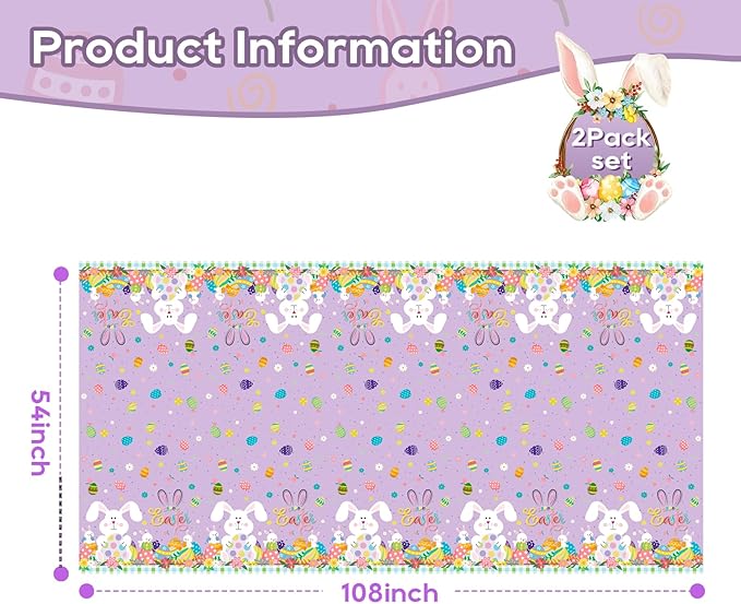 Happy Easter Tablecloth 2 Pack, Bunny Plastic Disposable Tablecloth 54 x 108 Inch, Spring Easter Party Table Cover for Kids Easter Celebration, Holiday Decorations