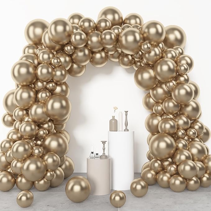 Amandir 153 Pcs Chrome Gold Balloons Arch Garland Kit, Different Sizes 18 12 10 5 Inch Metallic Champagne Gold Balloons for Retirement Graduation Casino Wedding Men Birthday Shower Party Decorations