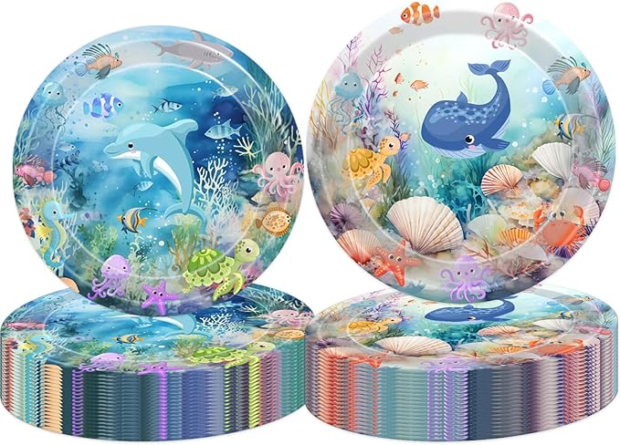 Under The Sea Party Plates Ocean Disposable Paper Plates Dinnerware for Underwater World Sea Life Theme Baby Shower 1st 2nd 3rd 4th Birthday Party Decorations