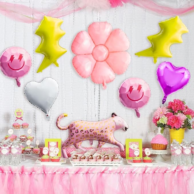 8PCS 18 Inch Smile Party Helium Balloons Pink Leopard Heart Smile Face Preepy Theme Birthday Party Decorations Yellow Lightning Balloons for Wedding Decor Event Supplies