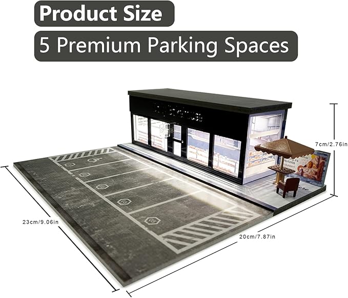 1/64 Model Car Display Shop Case for Adults, Premium in-House-Design Scale Diecast Parking Garage for Toy Cars, Toys Car Garage, Scenic Diorama Display Car Park with ith LED Lamps, Gifts for Men