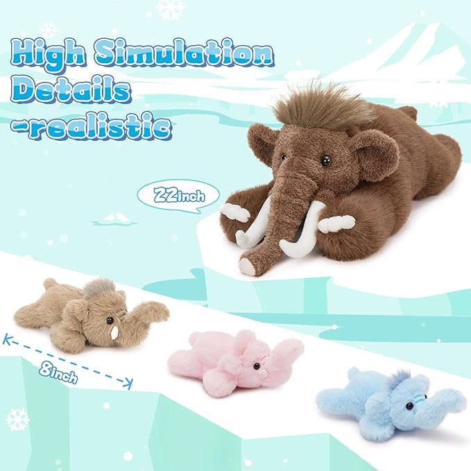 4Pcs Woolly Mammoth Plush Toy, Cute 22" Mommy Elephant Stuffed Animal with 3 Babies for Boys Girls Kids, Cuddly Christmas Birthday Gift for Ancient Animal Lover