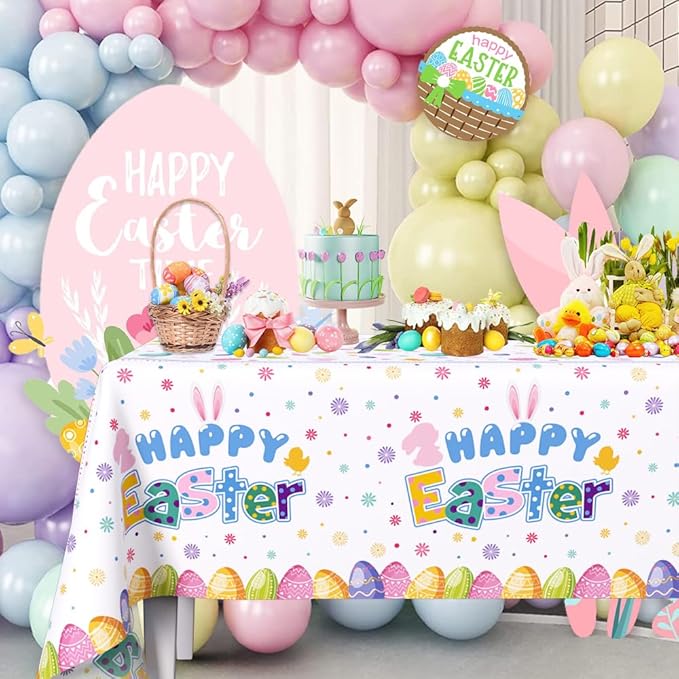 3 Pcs Easter Bunny Tablecloth Decorations Happy Easter Decorations Colorful Rabbit Eggs Spring Plastic Tablecloth Family Table Cover 108 x 54 Inch
