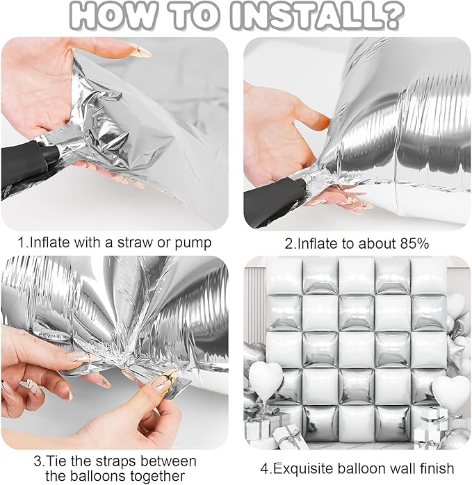 Silver White Square Foil Balloon Wall,25Pcs Double Sided Foil Balloons Backdrop Helium Tunnel Arch Garland Kit for Birthday Bridal Anniversary Baby Shower Winter Party Decorations