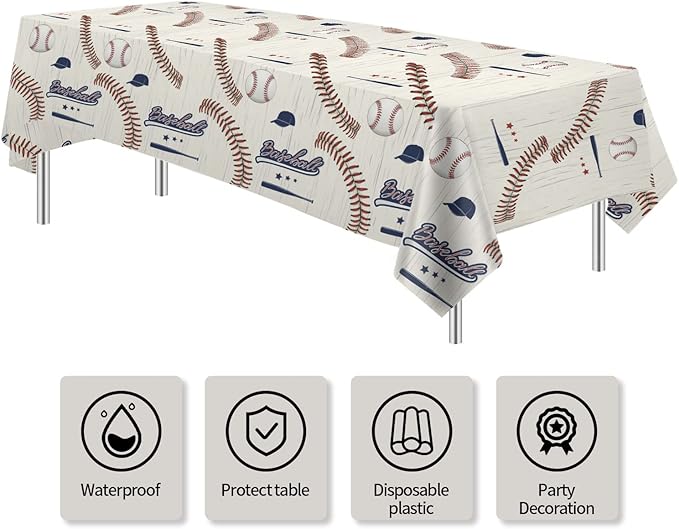 Baseball Party Tablecloth, 4 Pack (54x108in) - Disposable Material, Red & Blue, Rectangular, Table Decorations for Birthday, Baby Shower, Sports Themed Events