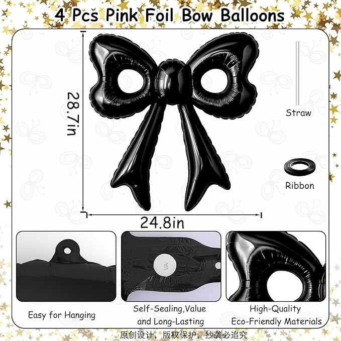 4 Pcs Black Bow Balloons, 31”Huge Bow Aluminum Foil Balloons for Girl Women Birthday, Baby Shower, Wedding, Bridal, Engagement, Bachelorette Party Decorations Supplies