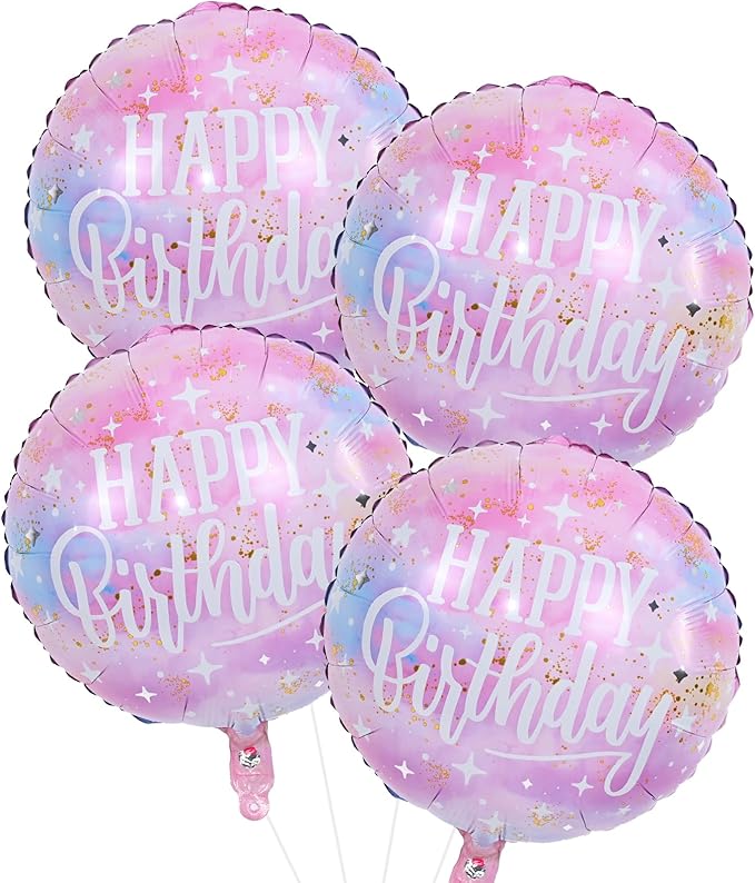 18 Inch Happy Birthday Foil Balloons, 4Pcs Pastel Pink Purple Blue Cloud Helium Mylar Round Birthday Balloons with Stars for Teen Girl Women Outer Space Starry Galaxy Baby Shower Party Decorations