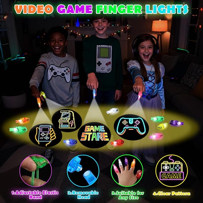 24 Pcs Video Game Party Favors LED Finger Lights, Glow in the Dark Light Up Toys Party Gifts for Kids, Birthday Goodie Bags Stuffers School Classroom Prizes