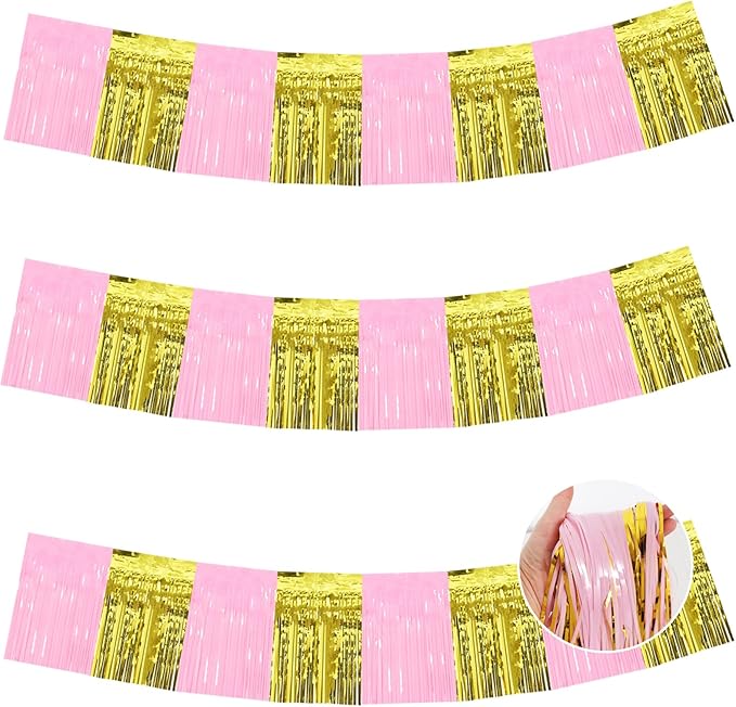 BEISHIDA 3 Packs Metallic Foil Fringe Garland Macaron Pink Gold Wall Hanging Tinsel Fringe Banners for Car Floats Bridal Shower Wedding Birthday Graduation Holiday Party Decoration(30 Feet)