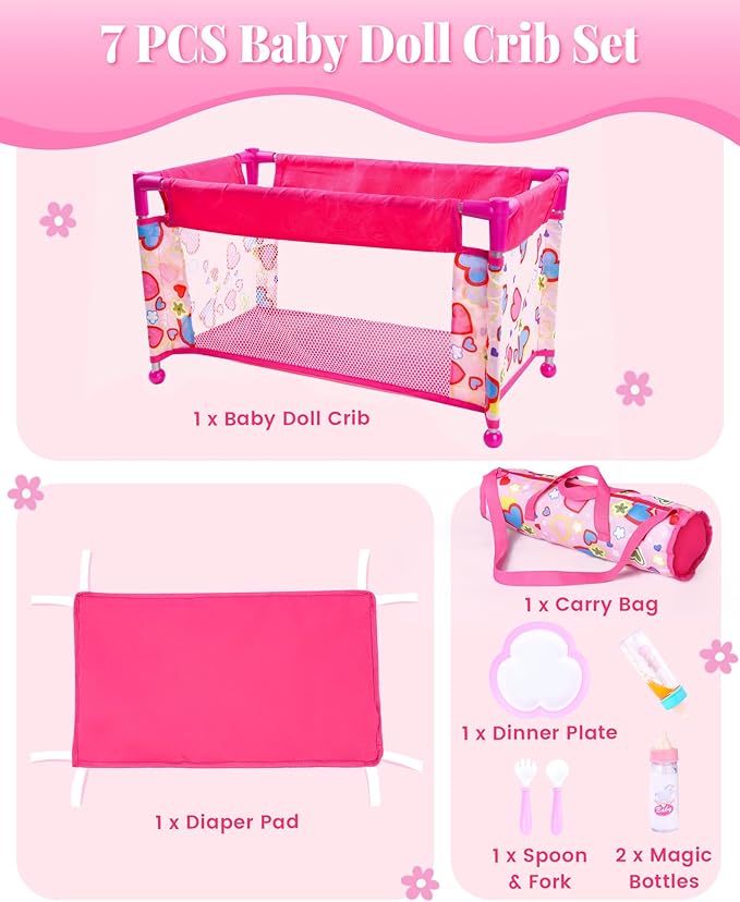 BABESIDE 7PCS Baby Doll Crib for 18'' Dolls, Baby Doll Bed with Storage Bag and Feeding Care Accessories Set , Doll Crib Doll Furniture for Girls Age 3+,Pretend Play Toy Gift for Kids Age 3+