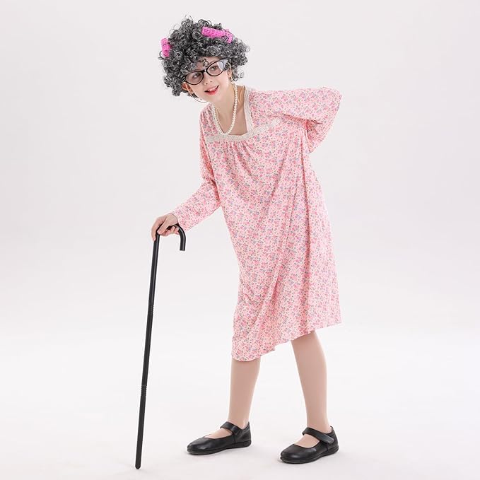 Girls 100th Day of School Costume – Kids Old Lady Granny Dress Outfit with Wig, Glasses, Cane & Accessories,13-Piece