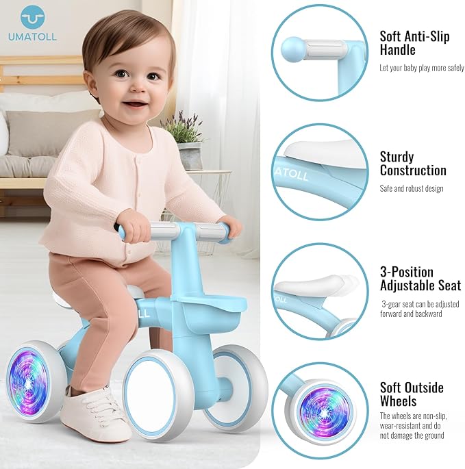 Umatoll Colorful Lighting Baby Balance Bike Toys for 1 Year Old Boys Gifts, Adjustable Seat Baby Walker, One Year Old Boy Birthday Gifts, 12-24 Months Toddler First Ride on Toys