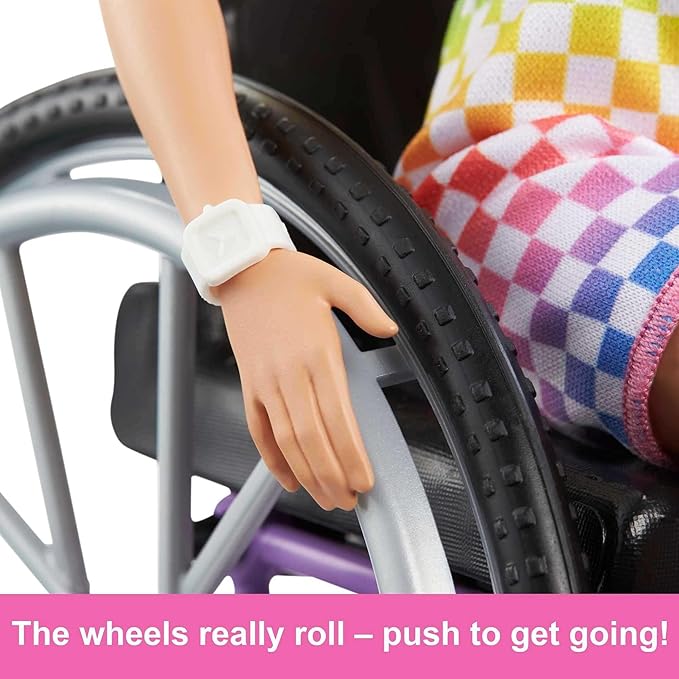 Barbie Doll with Wheelchair and Ramp, Kids Toys and Gifts, Blonde, Barbie Fashionistas, Rainbow Romper, Clothes and Accessories