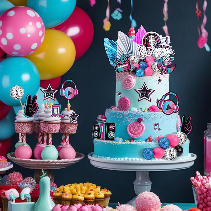 Sinmoe 24 Pcs Music Cake Topper Disco Ball Cake Topper Disco Party Supplies for Musician Rock Theme Birthday Party Musical Video Media cupcake decorations