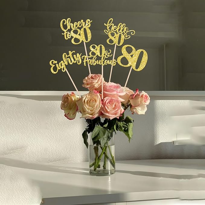 15PCS Happy 80th Birthday Centerpiece Sticks Hello 80 Fabulous Table Flower Centerpieces Sticks Eighteen Cheers to 80 Years Floral Decoration for Happy 80th Birthday Party Centerpieces Sticks Gold