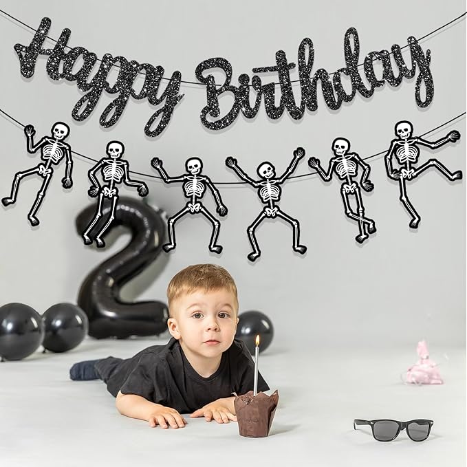 Skeleton Birthday Party Banner Halloween Party Decorations Dancing Skeleton Cutout Banner Glitter Black Skull Party Decoration for Halloween Holiday Celebration Supplies