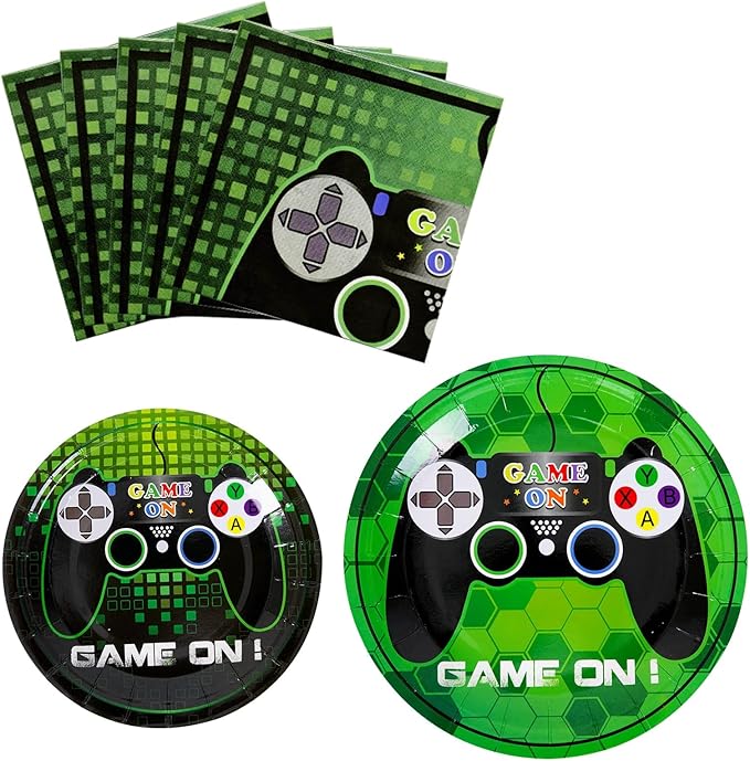 WERNNSAI Video Game Birthday Decorations - 48 PCS Game On Plates and Napkins Gamer Birthday Decorations Gaming Party Favor Serves 16 Guests