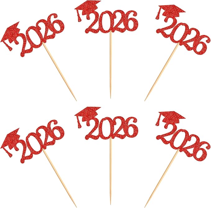 24 Pcs graduation cupcake toppers 2026, Food/Appetizer Picks For Graduation Party Mini Cake Decorations, 2026 Cupcake Toppers(Red)