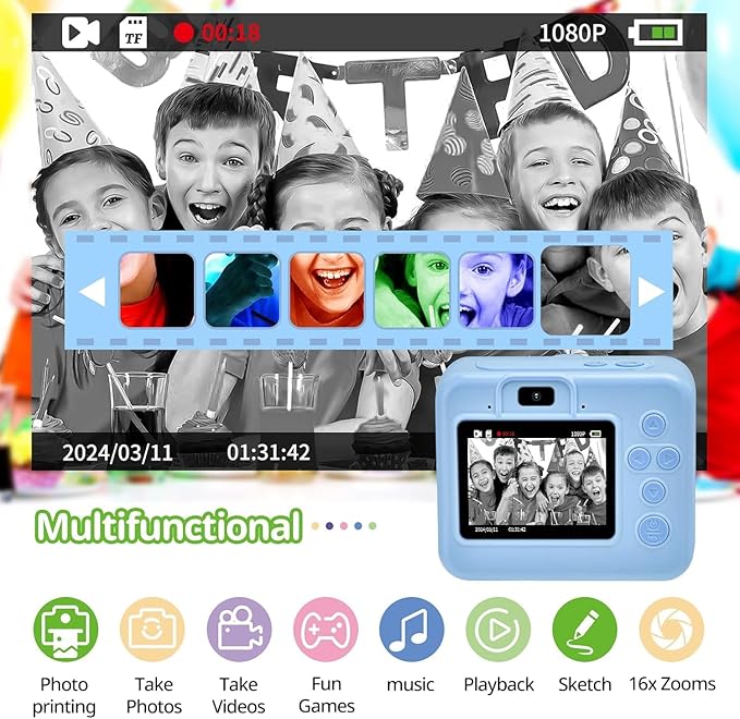 Kids Camera Instant Print, Christmas Birthday Gifts for Kids Age 3-12, Selfie Digital Camera with 1080P Videos,Toddler Portable Travel Camera Toy for 4 5 6 7 8 9 Year Old Boys (Blue)
