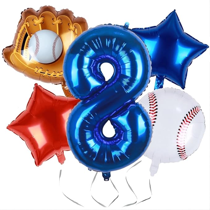 Baseball Balloons 8th Birthday Decorations for Boys | Baseball Birthday Decoration Sports Theme Party Supplies, 32Inch Foil Mylar Number 8 Balloon Navy Blue Red White Sports Balloon Arch Kits