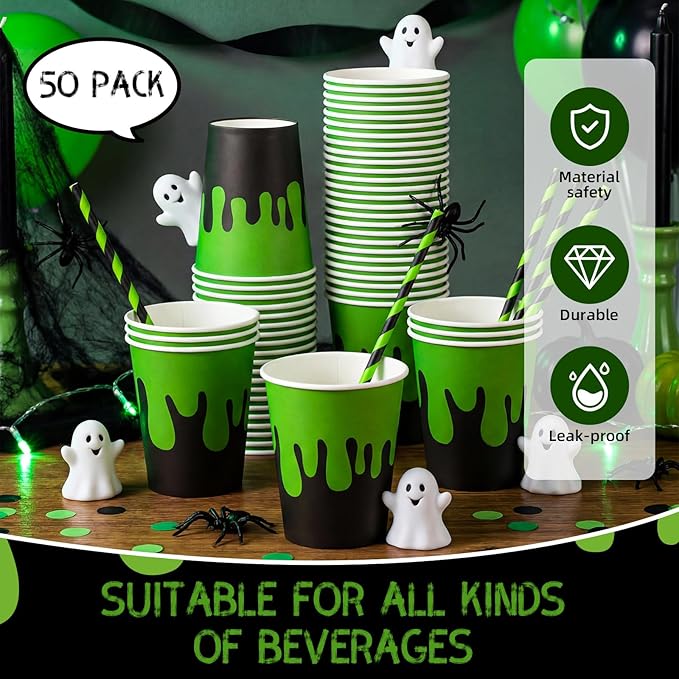 50 Pcs Ghost Themed Disposable Paper Cups 9 oz Green and Black Paper Cups for Juice Hot Cold Beverage Drinking Kids Boys Girls Birthday Party Supplies Halloween Ghost Theme Decor