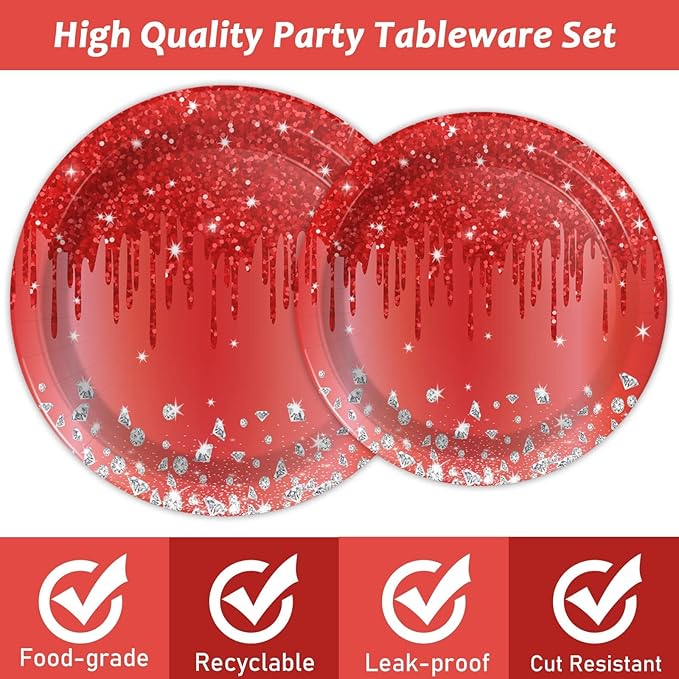 ZOIIWA 96 Pieces Red Birthday Tableware Set for Red Theme Silver Table Decorations Disposable Dessert Plates Napkins Forks for Women 24 Guests Diamonds Glitter Valentine's Day Birthday Party Supplies