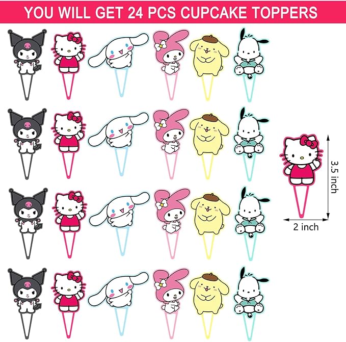 Kitty Birthday Party Supplies, 24PCS Cupcake Toppers Decorations for Kawaii Party Supplies Decor