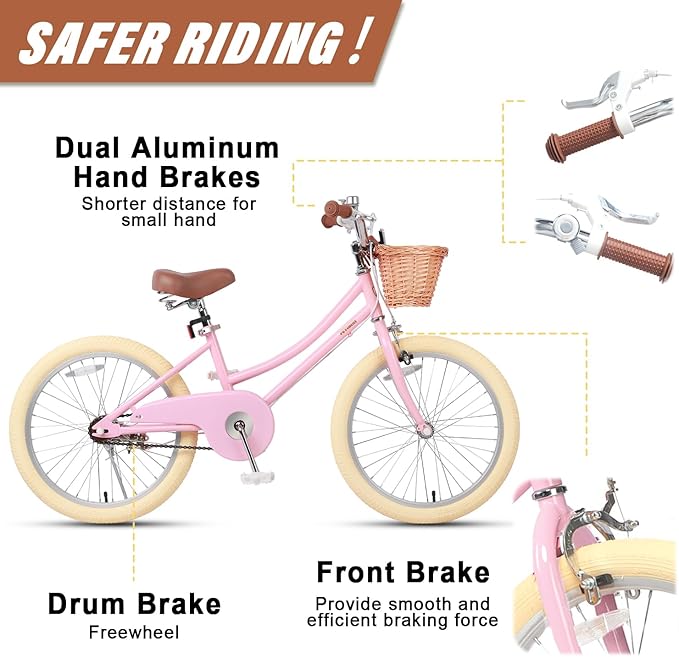Petimini Vintage Kids Bike for Girls, 12–20 Inch Classic Bicycle with Wicker Basket & Bell, High Tensile Steel Frame, Training Wheels (12–18”), 85% Pre-Assembled, Retro Bike for Outdoor Riding