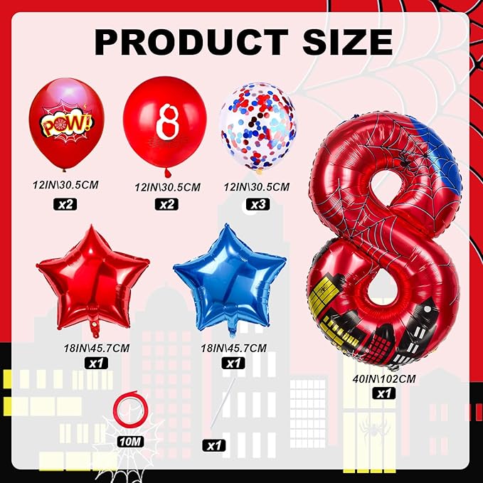 Cartoon Hero 40 Inch Red and Blue Spider Theme Number Foil Birthday Decoration Balloons, Cartoon Party Birthday Supplies, Number large Balloons for Spider Theme Party (8)
