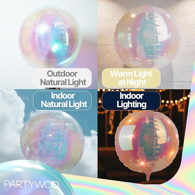 PartyWoo Iridescent Foil Balloons 20pcs Different Sizes Pack of 22 12 10 Inch Large Round Foil 4D Inflatable Mirror Ball Mylar Balloons for Wedding Anniversary Birthday Disco Party Decorations