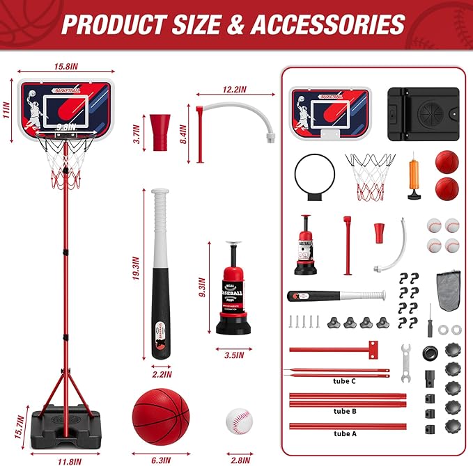 4 in 1 Kids Basketball Hoop and Tball Set for Toddlers 3-5, Adjustable Hanging Tee Ball Stand with Automatic Baseball Pitching Machine, Indoor Outdoor Sport Toys Birthday for Boys