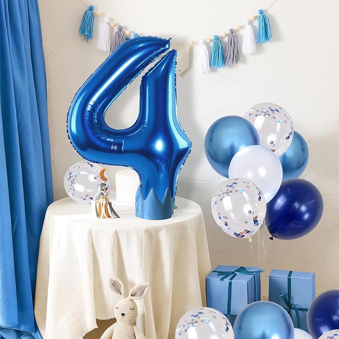 Number 4 Balloon Pastel Blue for kids, XXL 4th Birthday Decor Foil Balloon Dark Navy Blue with Silver Confetti Helium Balloon, 40 Inch Balloon 4 for Boys Four Birthday Party Anniversary Decorations