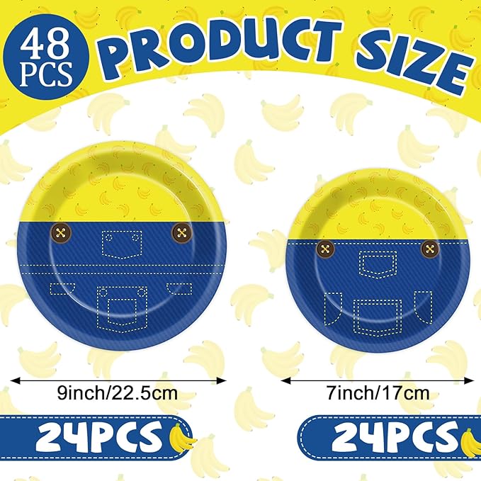48pcs Yellow Cartoon Birthday Party Supplies Blue Jeans Paper Plates Cute Cartoons Dinner Dessert Plates Yellow Cartoon Theme Disposable Tableware for Boy Girl Birthday Baby Shower Party Decor