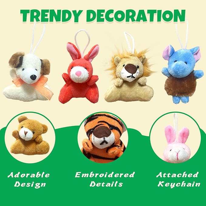32Pcs Mini Plush Animals Toy Set Assortment Easter Christmas Bulk Stuffed Keychain Party Favors for Kids Small Animals Decorations Toys Carnival Prizes Birthday Goodie Bag Fillers