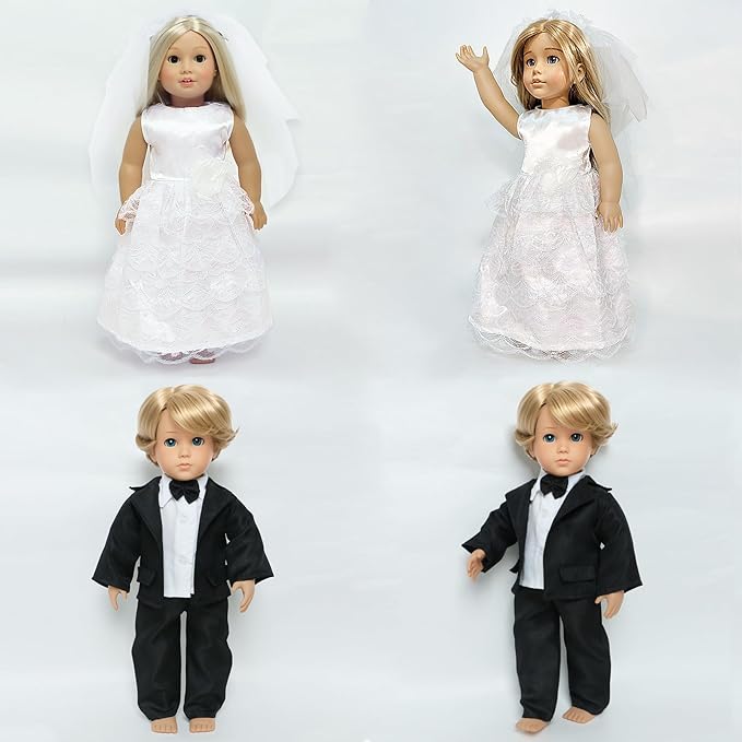18 Inch Doll Clothes Accessories Wedding Set, Bride Wedding Dress and Groom Suit Outfit, Veil, Bow Tie for American 18 Inch Doll Girl Boy Ball Party